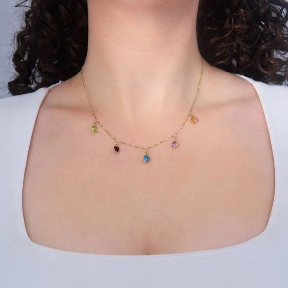 Jewelry - Bejeweled Gemstone Station Necklace 14K Yellow Gold & Matching Earrings